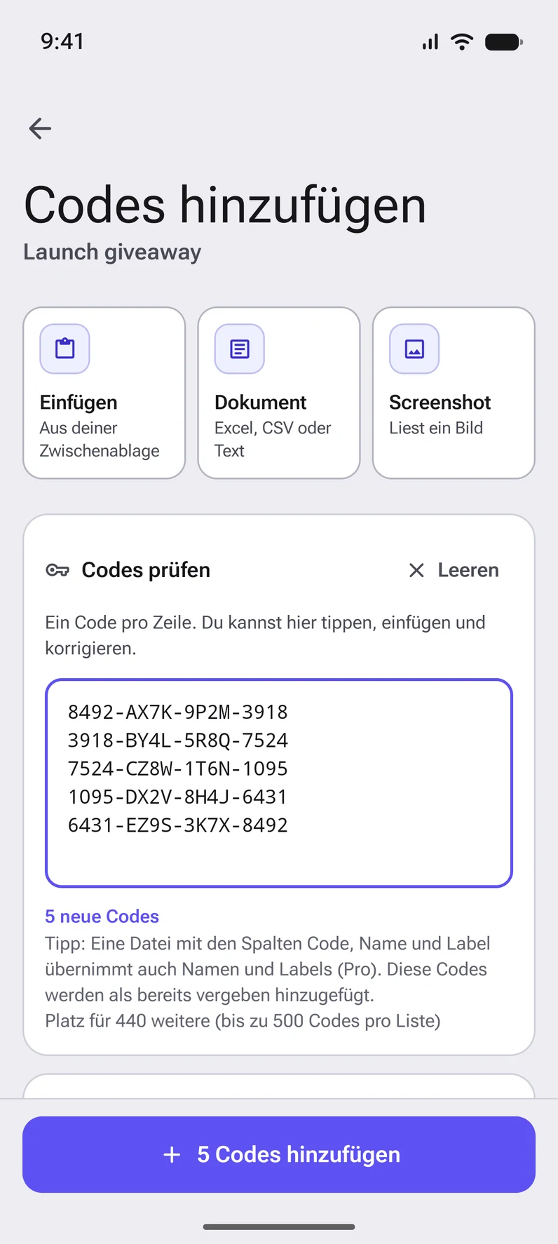 Codes hinzufügen: einfügen oder aus einem Dokument lesen