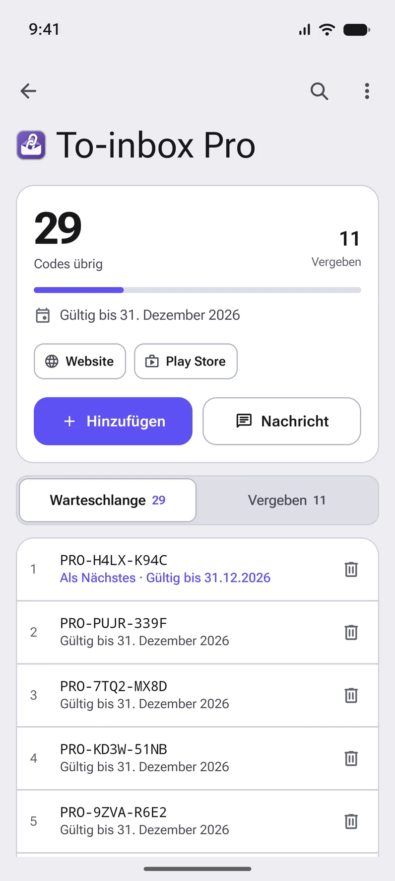 Eine Liste in CodeGiver: die Warteschlange mit den nächsten Codes und ihrem Enddatum