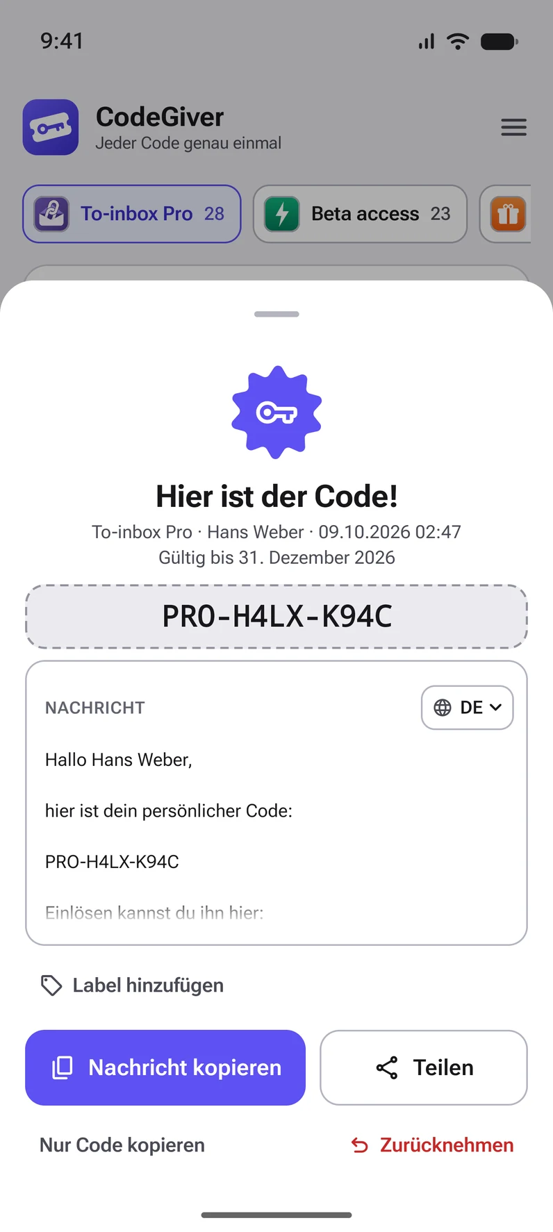 Ein soeben vergebener Code mit der Nachricht, bereit zum Kopieren