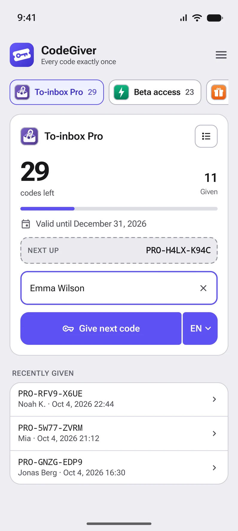 The CodeGiver home screen: a list with 29 codes left and the button to give the next code