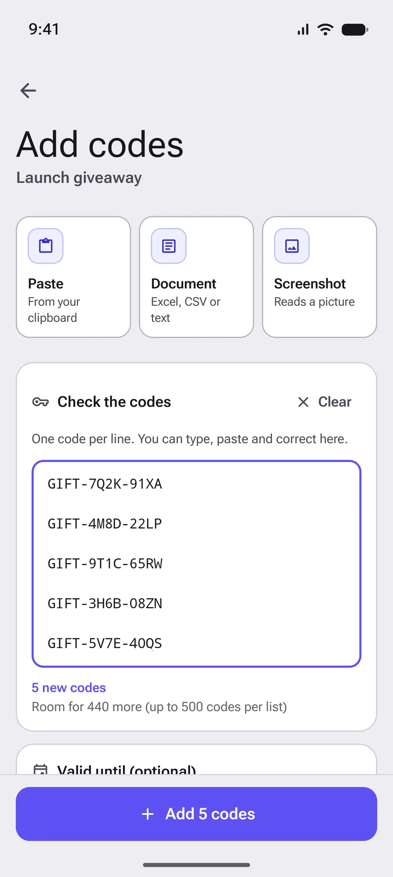 Adding codes by pasting them or reading them from a document