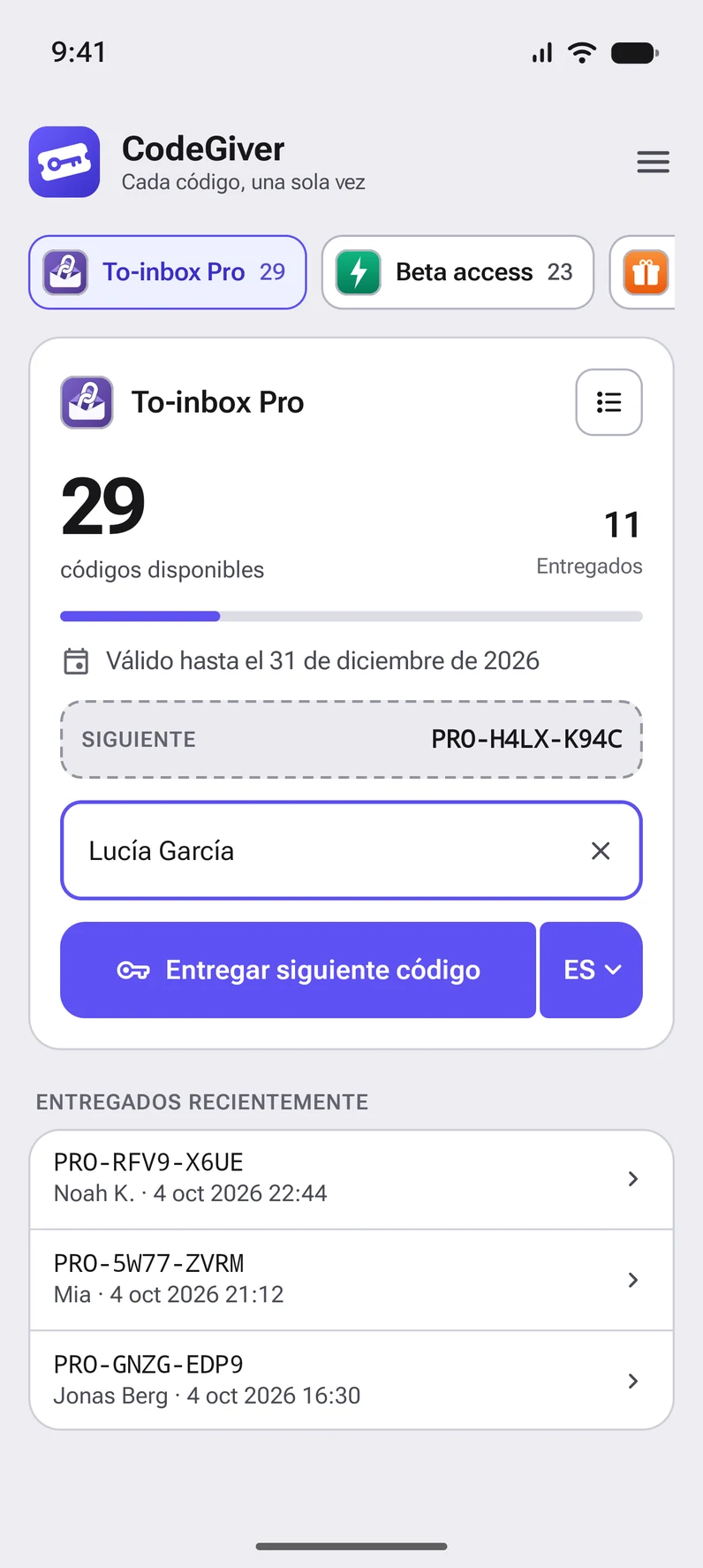La pantalla principal de CodeGiver: una lista con 29 códigos disponibles y el botón para entregar el siguiente
