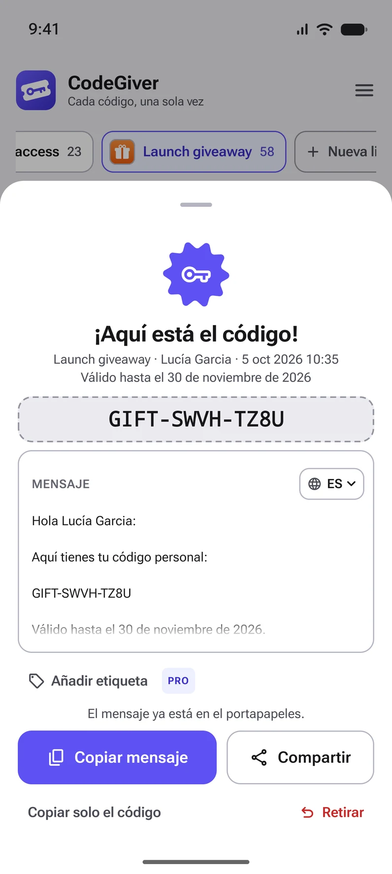Un código recién entregado, con el mensaje listo para copiar