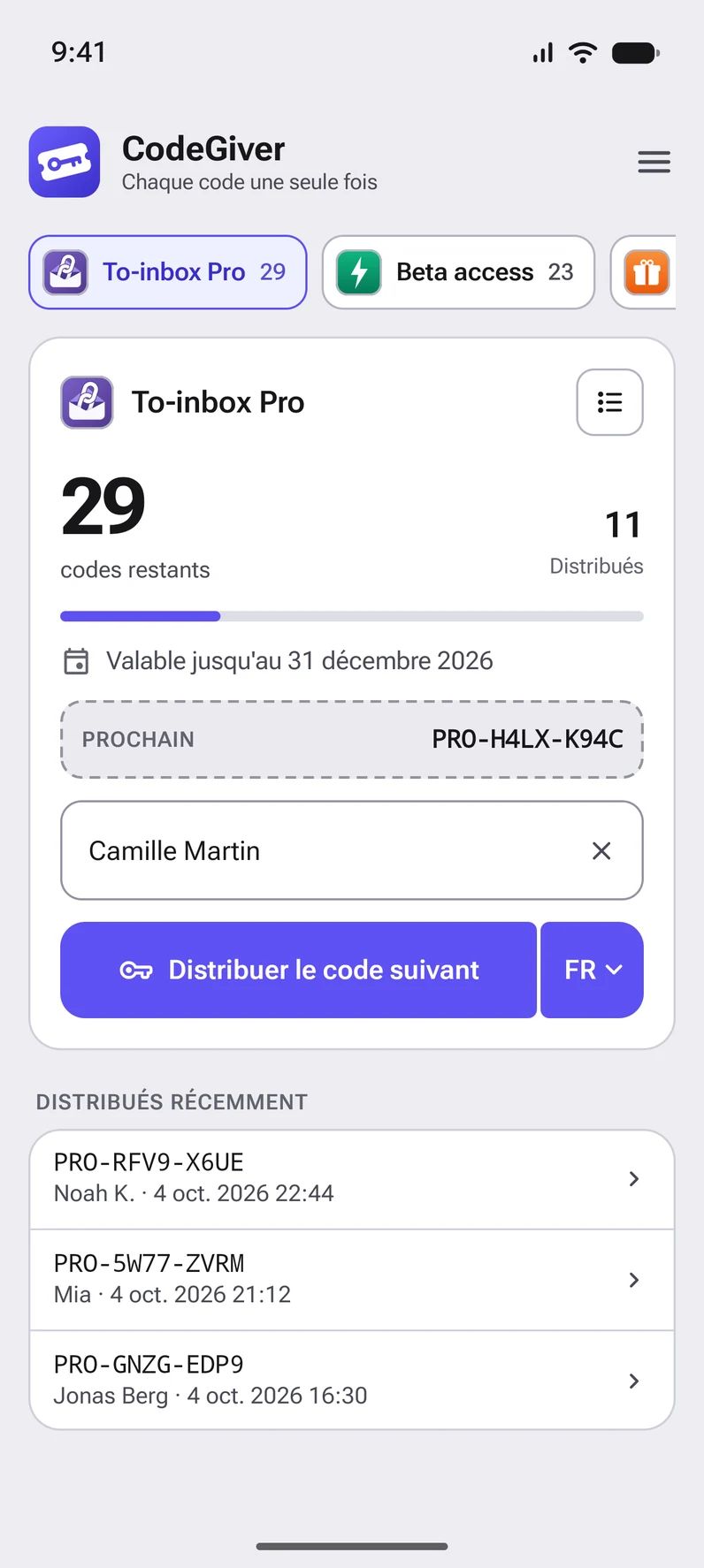 L'écran d'accueil de CodeGiver : une liste avec 29 codes restants et le bouton pour distribuer le code suivant