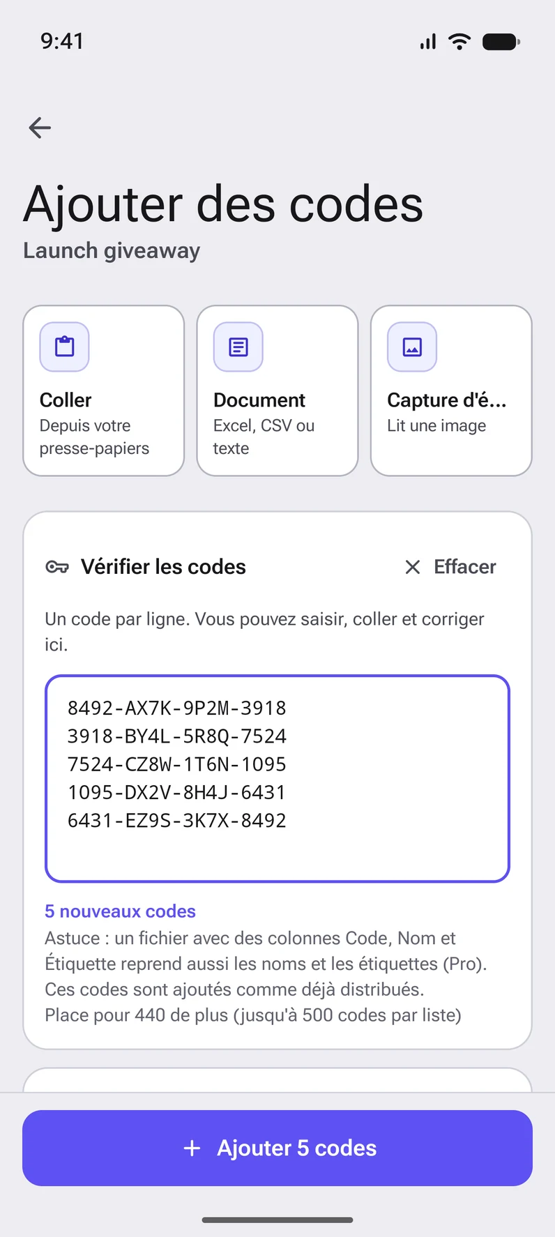 Ajout de codes en les collant ou en les lisant dans un document