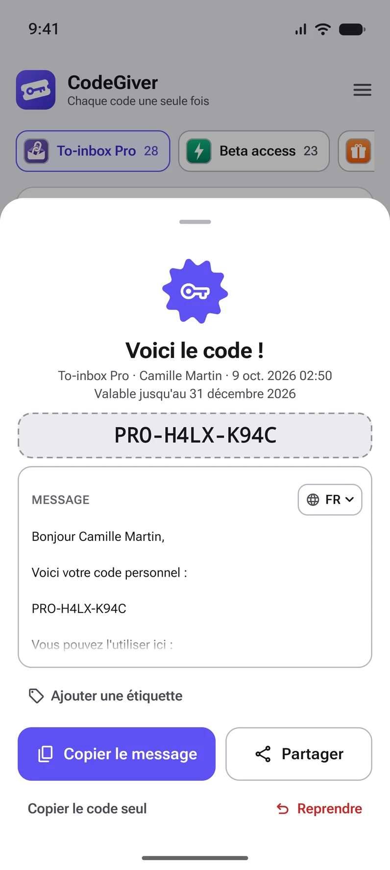 Un code qui vient d'être distribué, avec le message prêt à copier